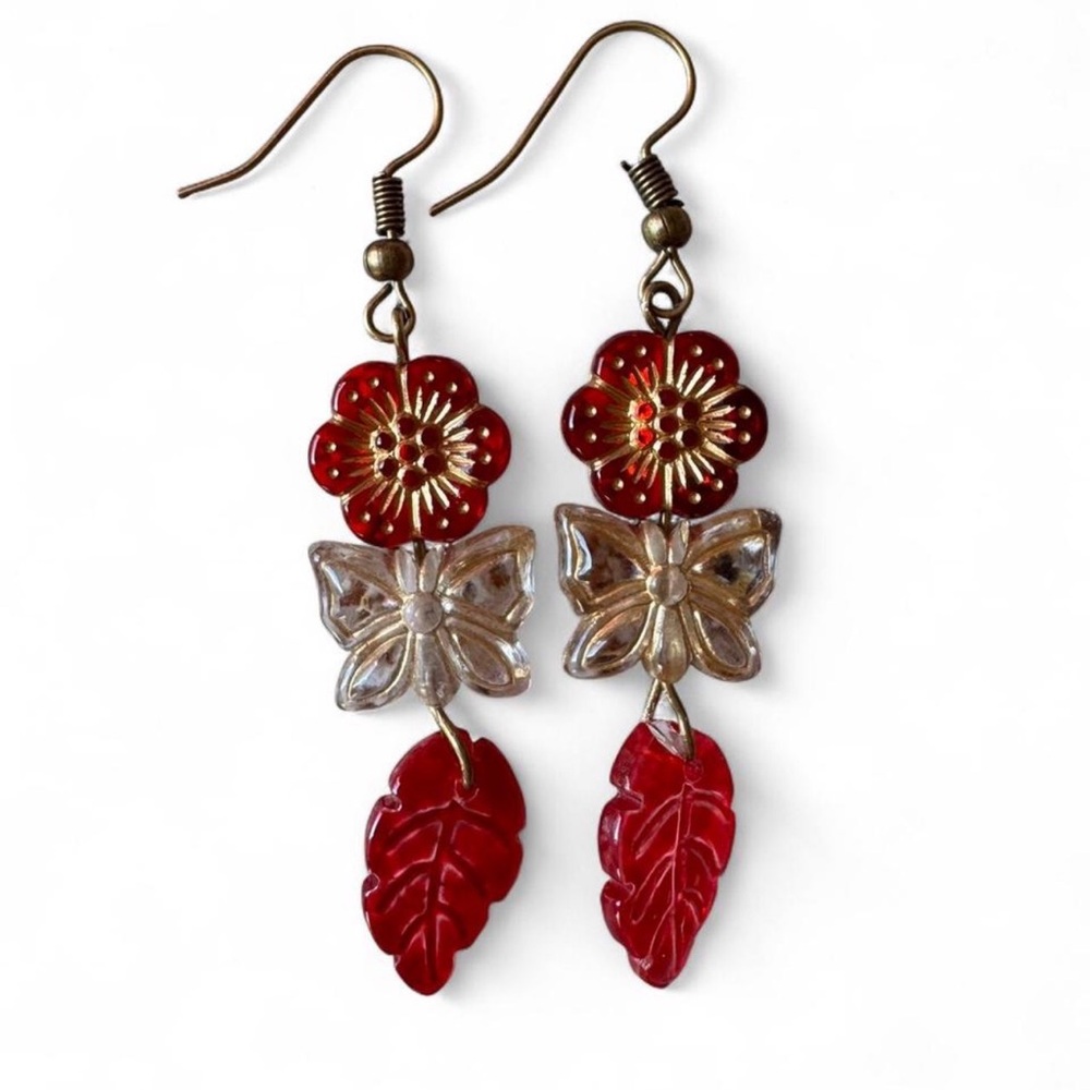 Handmade Bronze & Red Acrylic Charm Dangle Earrings